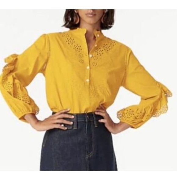 Green J crew embroidered eyelet ruffle sleeve mock neck blouse sz s - Picture 2 of 15